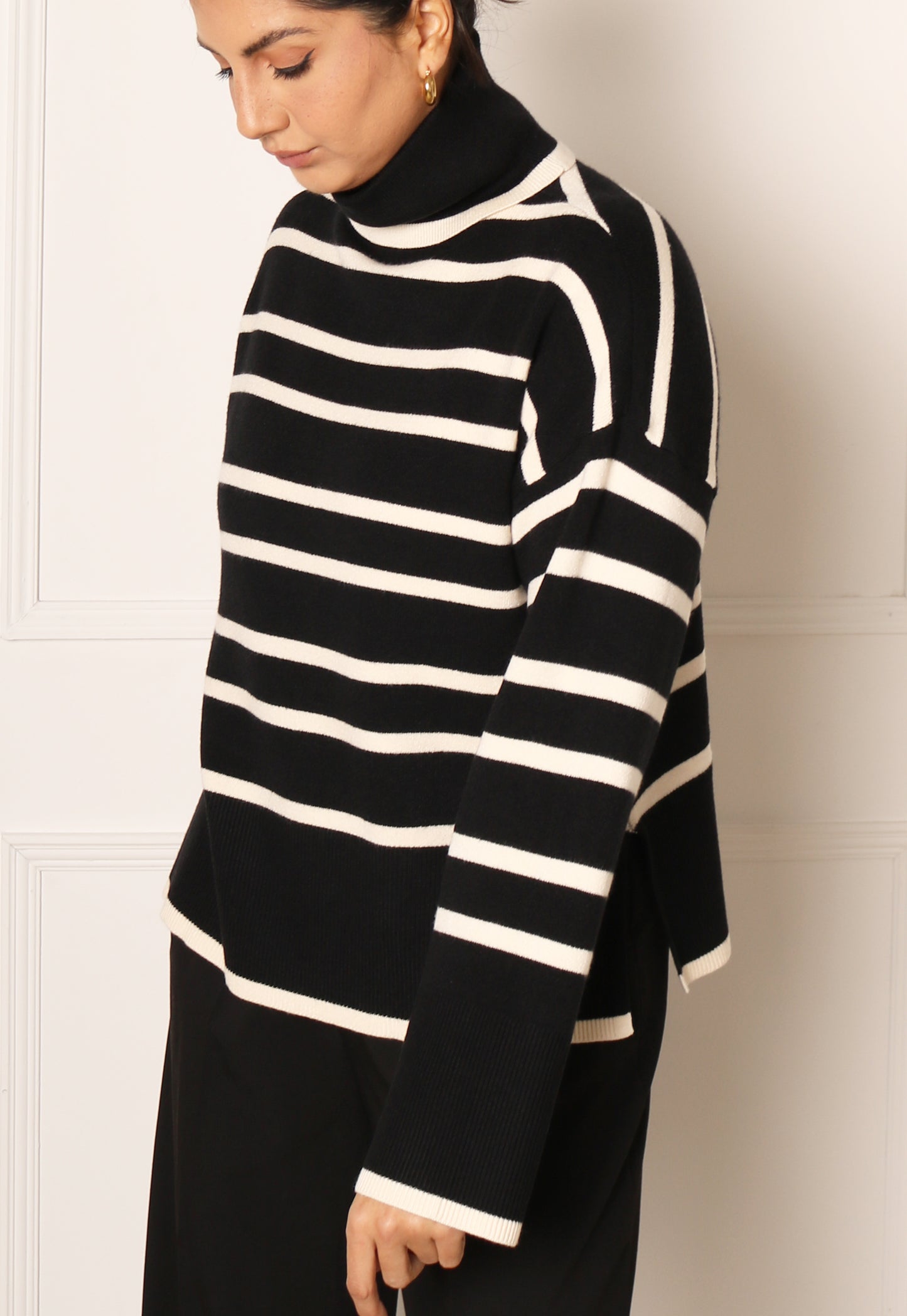 
                  
                    VERO MODA Soft Knit Stripe Rollneck Jumper in Black & Cream - One Nation Clothing
                  
                