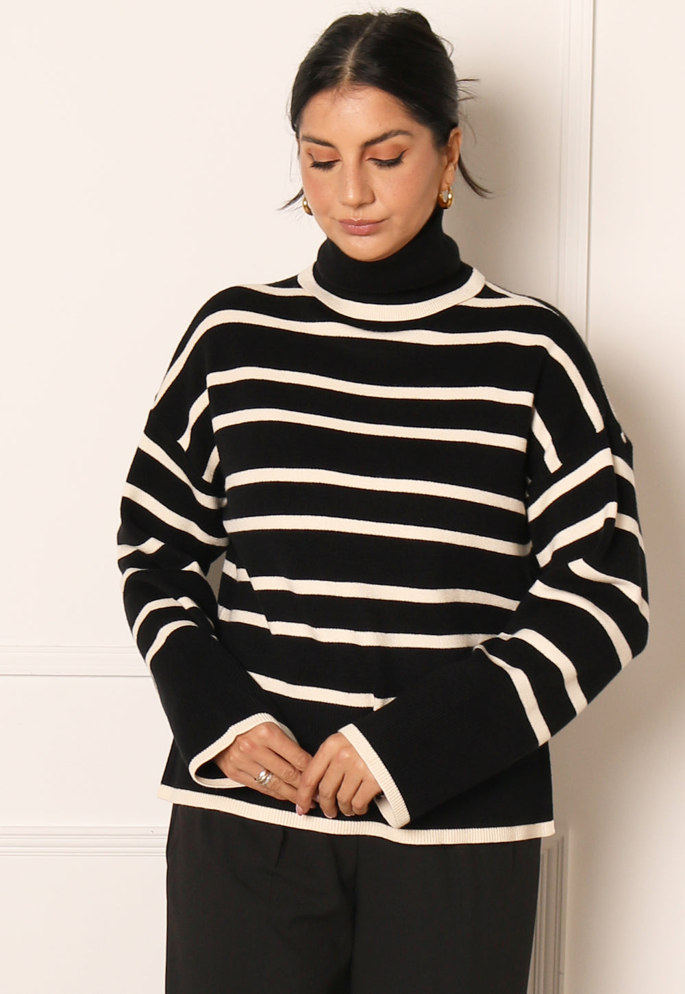 VERO MODA Soft Knit Stripe Rollneck Jumper in Black & Cream - One Nation Clothing