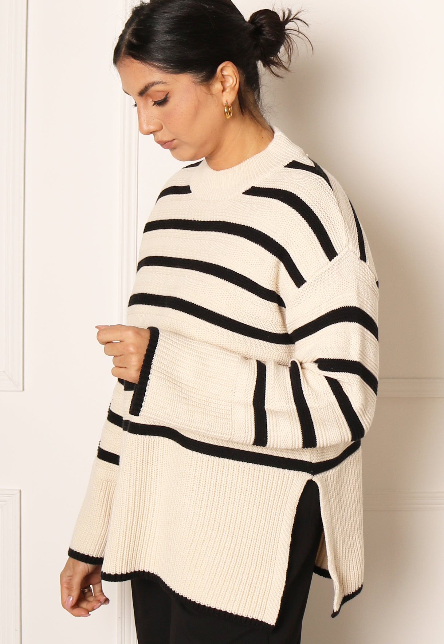 ONLY Sia Chunky Knit Stripe Jumper in Cream & Black | One Nation