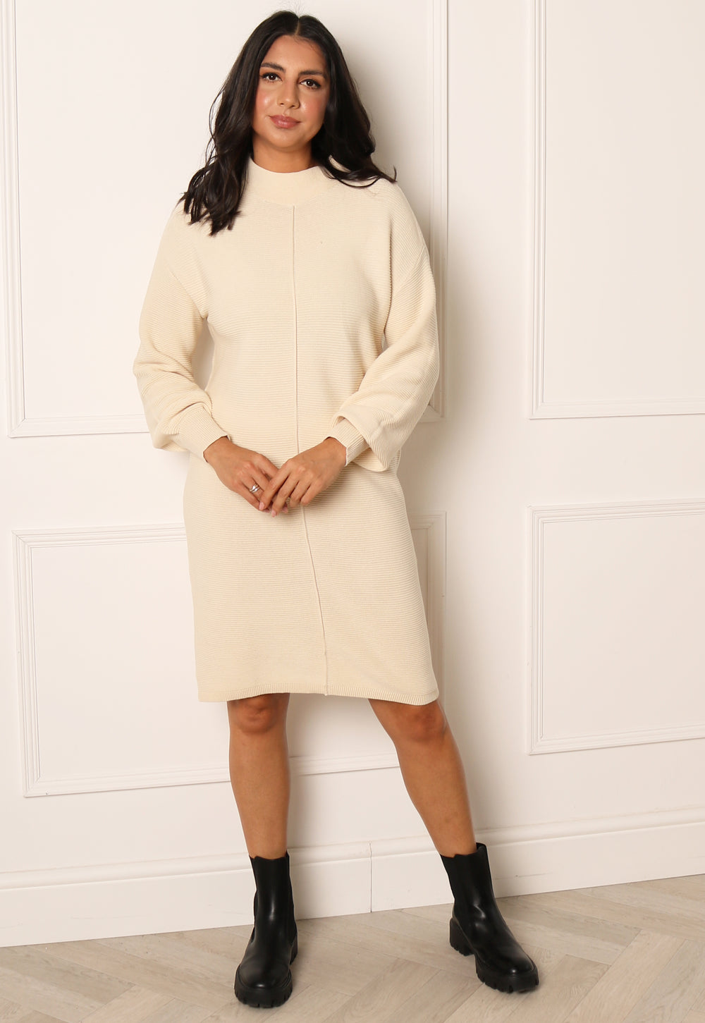 VILA Stacy Funnel Neck Rib Knit Cotton Jumper Dress in Cream - One Nation Clothing