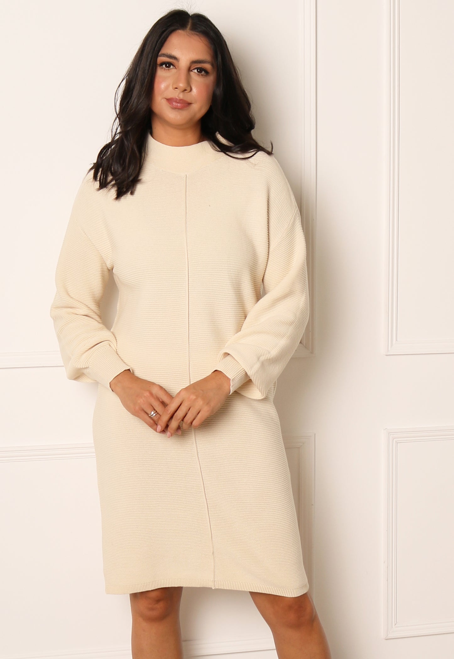
                  
                    VILA Stacy Funnel Neck Rib Knit Cotton Jumper Dress in Cream - One Nation Clothing
                  
                