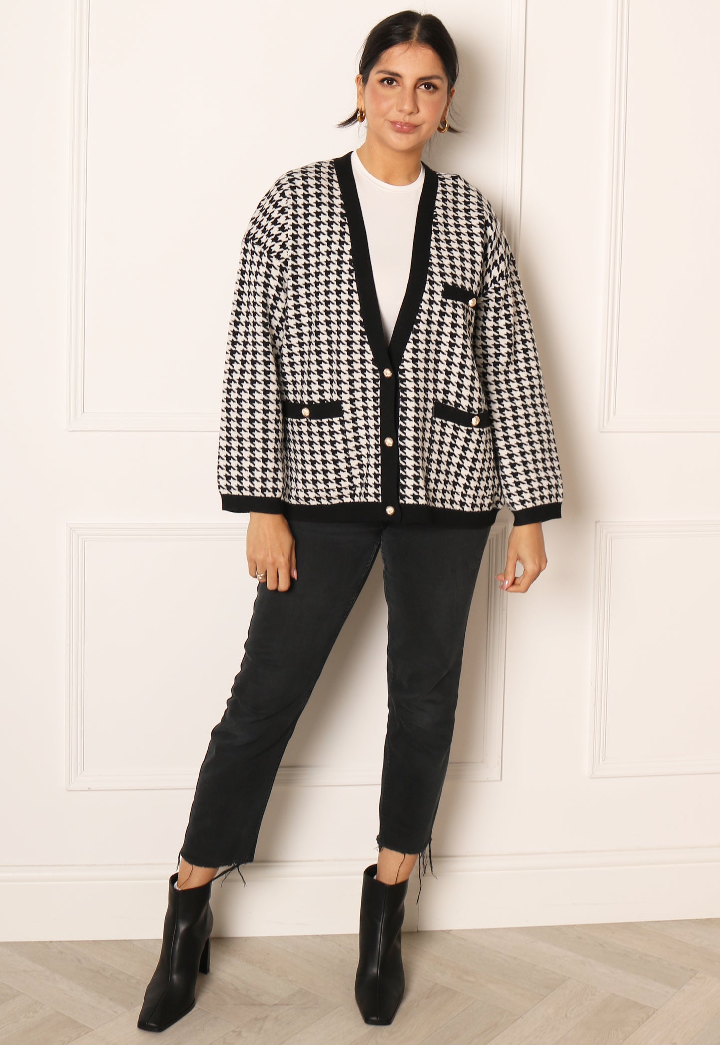 PIECES Suia Oversized Houndstooth Button Cardigan in Black & White - One Nation Clothing
