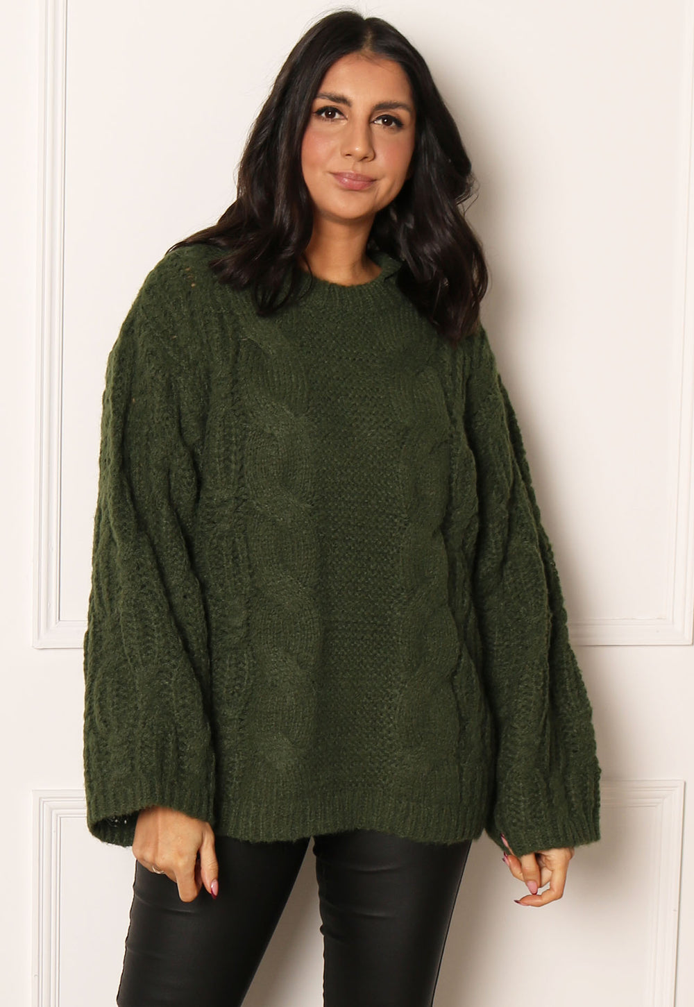 VERO MODA Vea Premium Chunky Cable Knit Fluffy Jumper in Khaki Green - One Nation Clothing