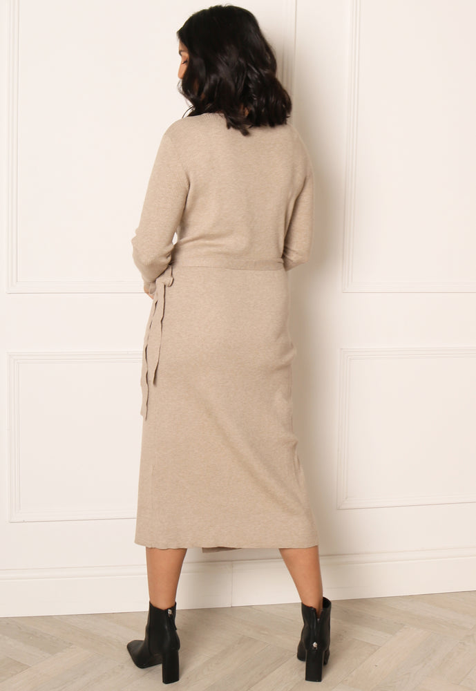 
                  
                    VILA Comfy Luxe Wrap Knitted Ribbed Midi Dress in Natural Melange - One Nation Clothing
                  
                