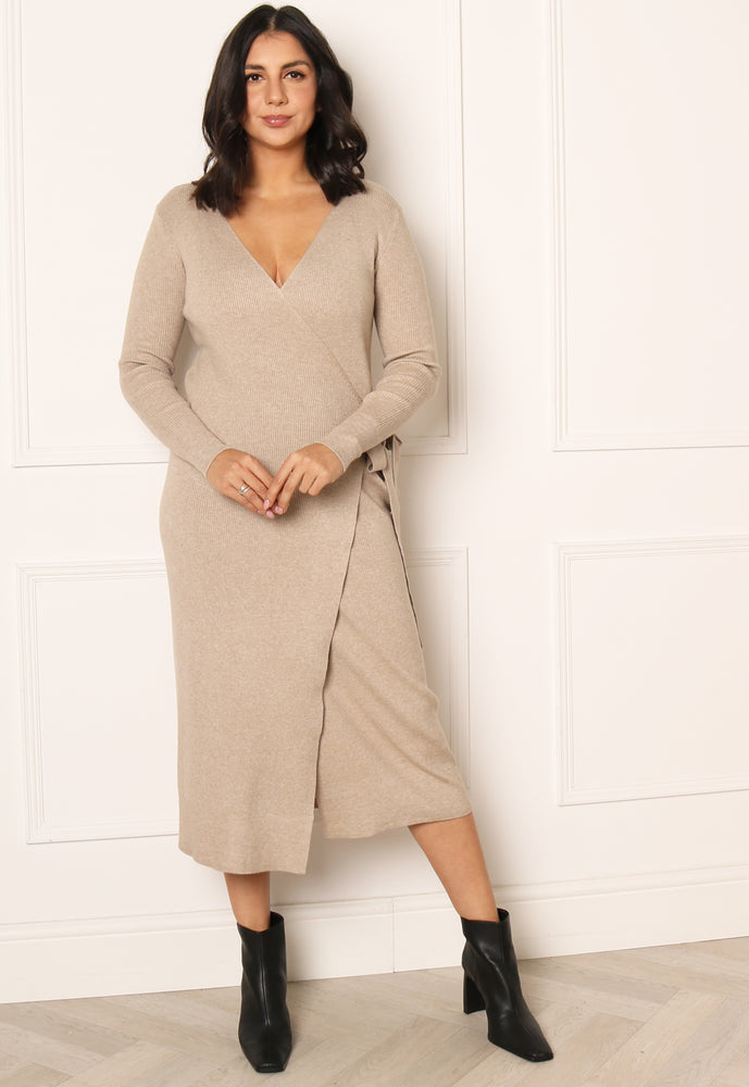 
                  
                    VILA Comfy Luxe Wrap Knitted Ribbed Midi Dress in Natural Melange - One Nation Clothing
                  
                