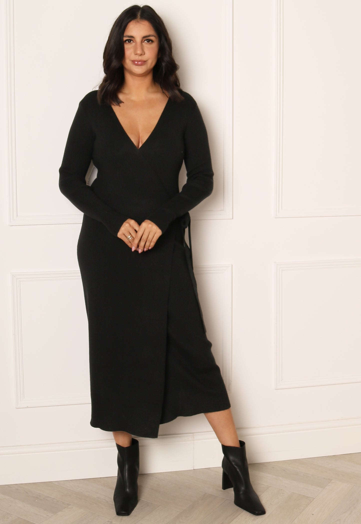 
                  
                    VILA Comfy Luxe Wrap Knitted Ribbed Midi Dress in Black - One Nation Clothing
                  
                