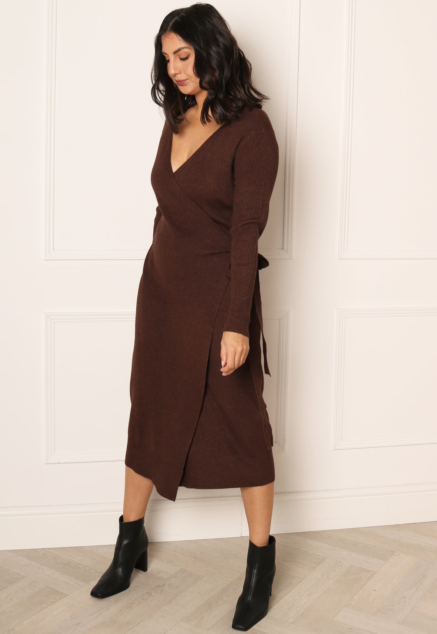 VILA Comfy Luxe Wrap Knitted Ribbed Midi Dress in Chocolate Melange - One Nation Clothing