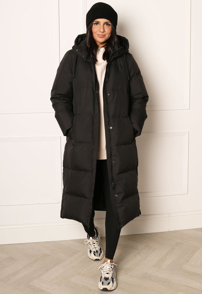 ONLY Premium Alice Maxi Longline Down Puffer Coat with Hood in Black - One Nation Clothing