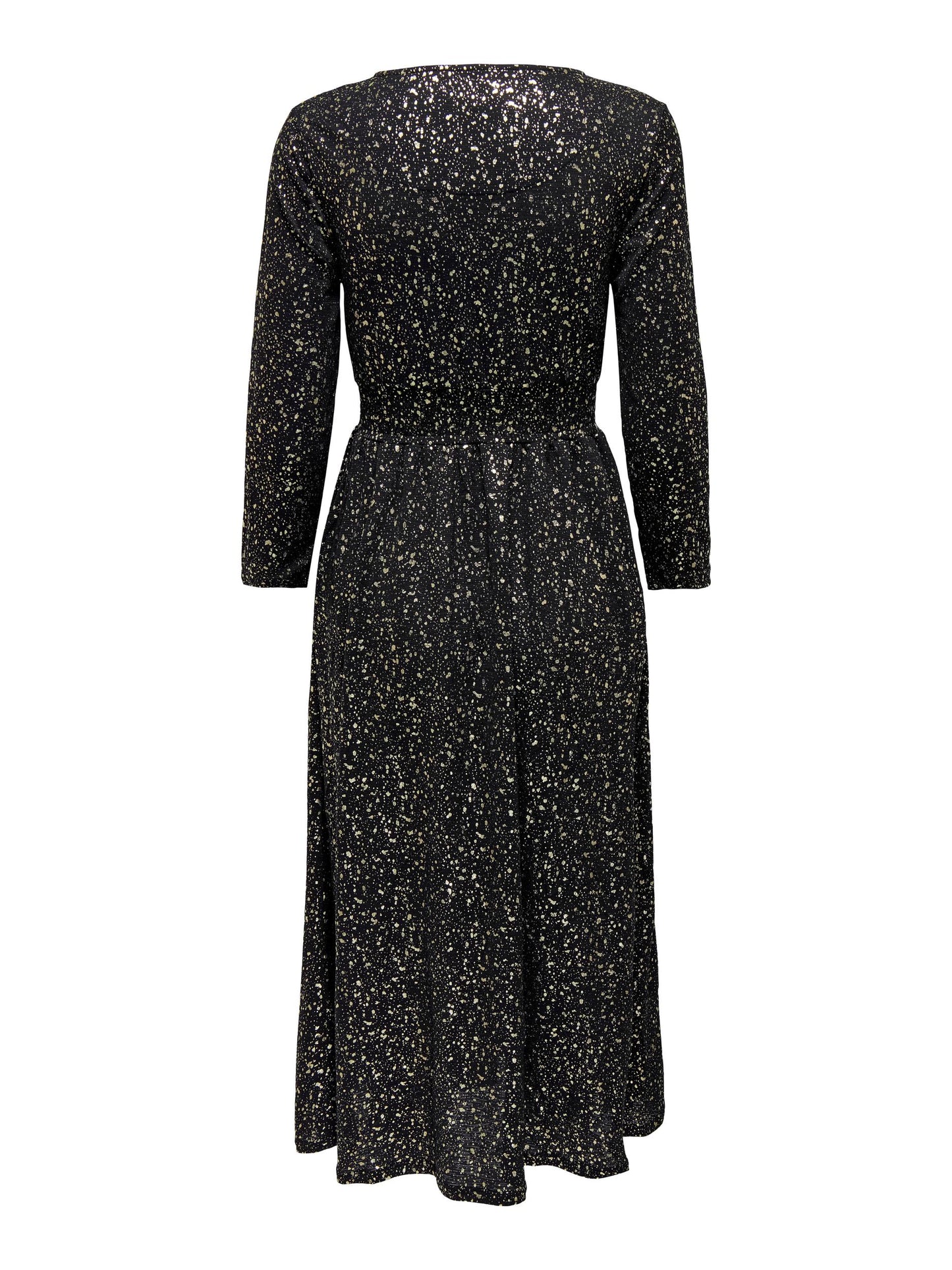 
                  
                    ONLY Pella Splatter Print Three Quarter Sleeve Midi Wrap Dress in Black with Gold Foil - One Nation Clothing
                  
                