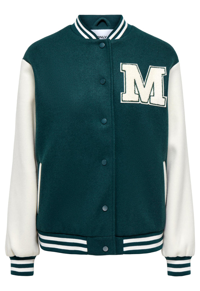 
                  
                    ONLY Silja Brushed Varsity Letterman Bomber Jackets in Teal Green & Cream - One Nation Clothing
                  
                