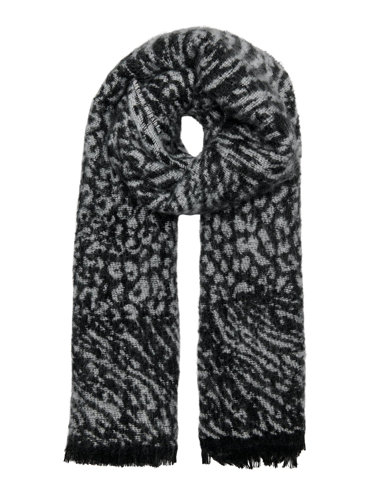 ONLY Trine Animal Print Fluffy Knit Blanket Scarf in Black & Grey - One Nation Clothing