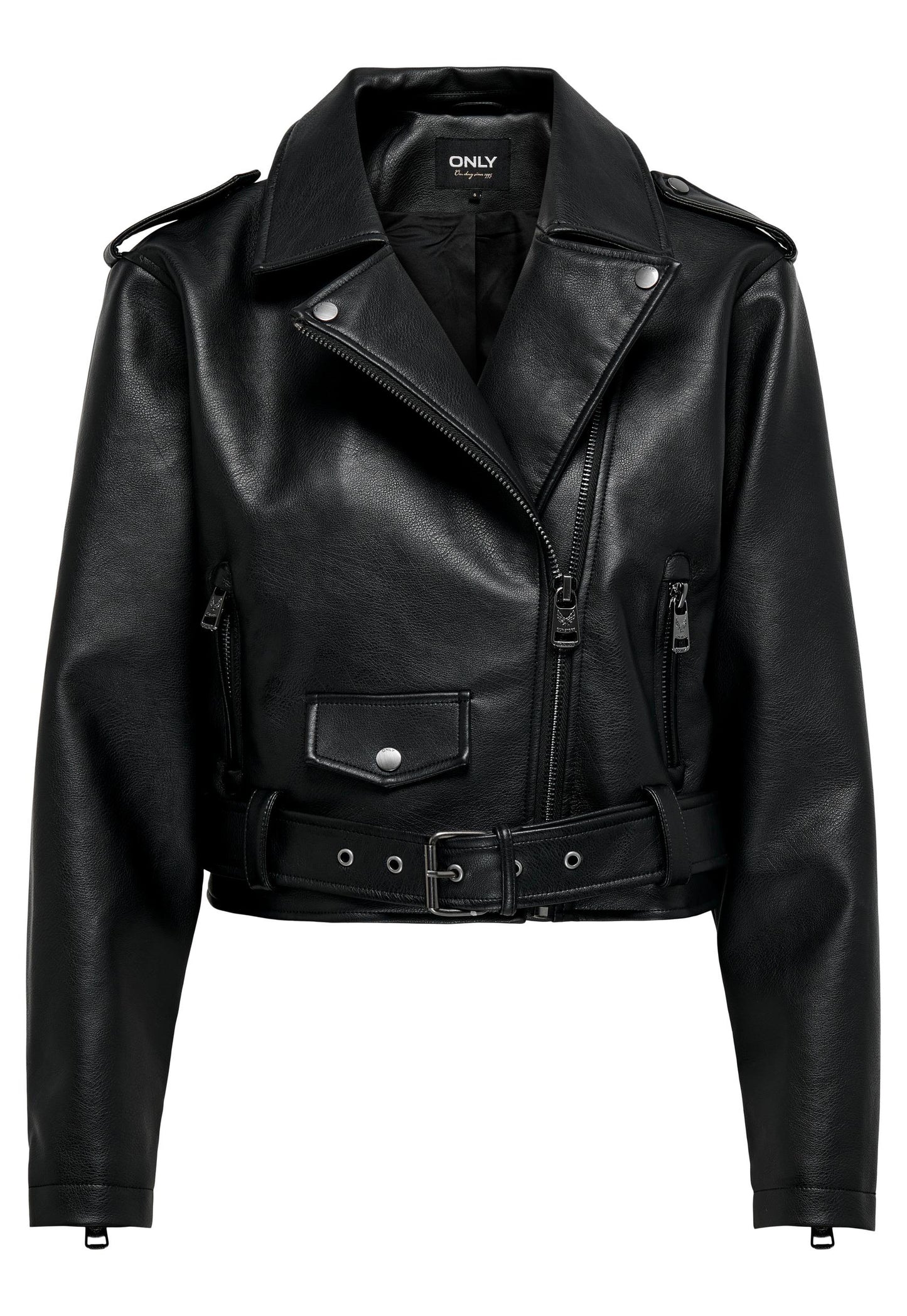 ONLY Louie Cropped Classic Faux Leather Biker Jacket with Belt in Black - One Nation Clothing