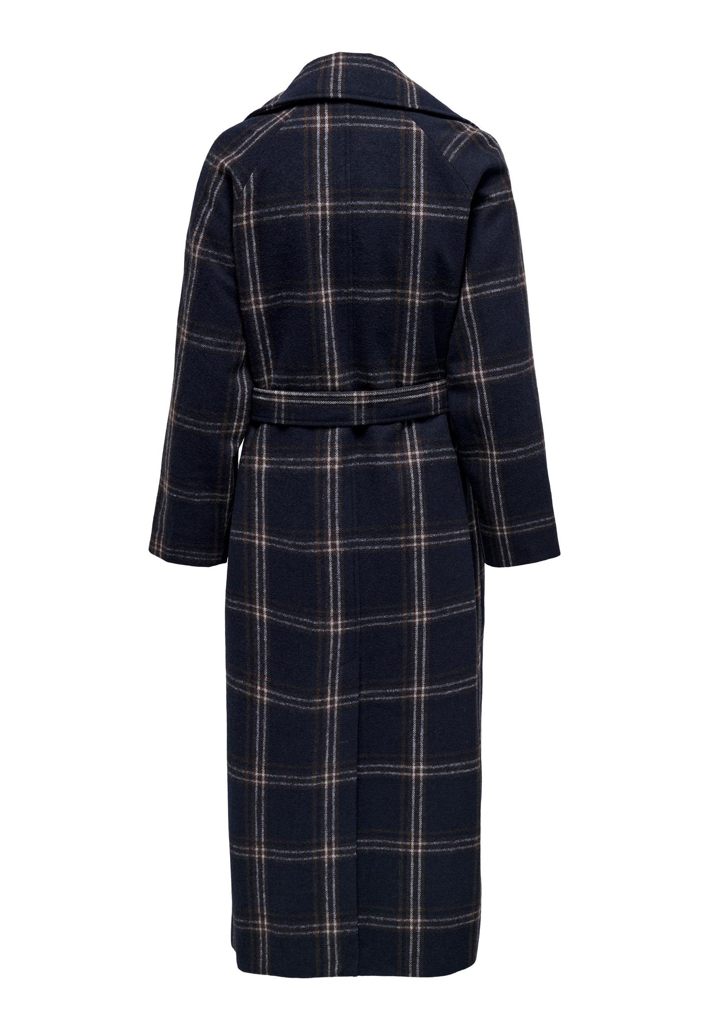 ONLY Patty Smart Double Breasted Longline Check Wool Trench Coat in Navy - One Nation Clothing