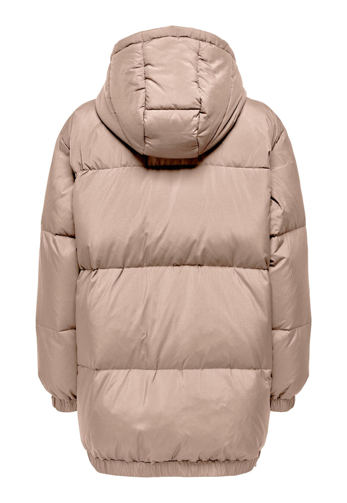 
                  
                    ONLY Premium Vilma Longline Thigh Length Down Puffer Coat with Hood in Beige - One Nation Clothing
                  
                