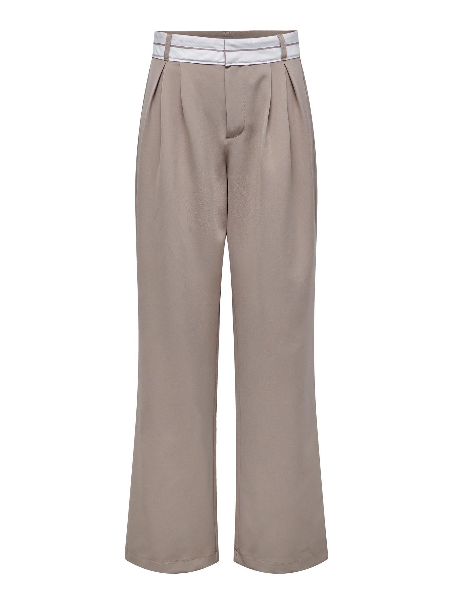 ONLY Malika Wide Leg Relaxed Dad Trousers with Rolled Waistband in Beige - One Nation Clothing