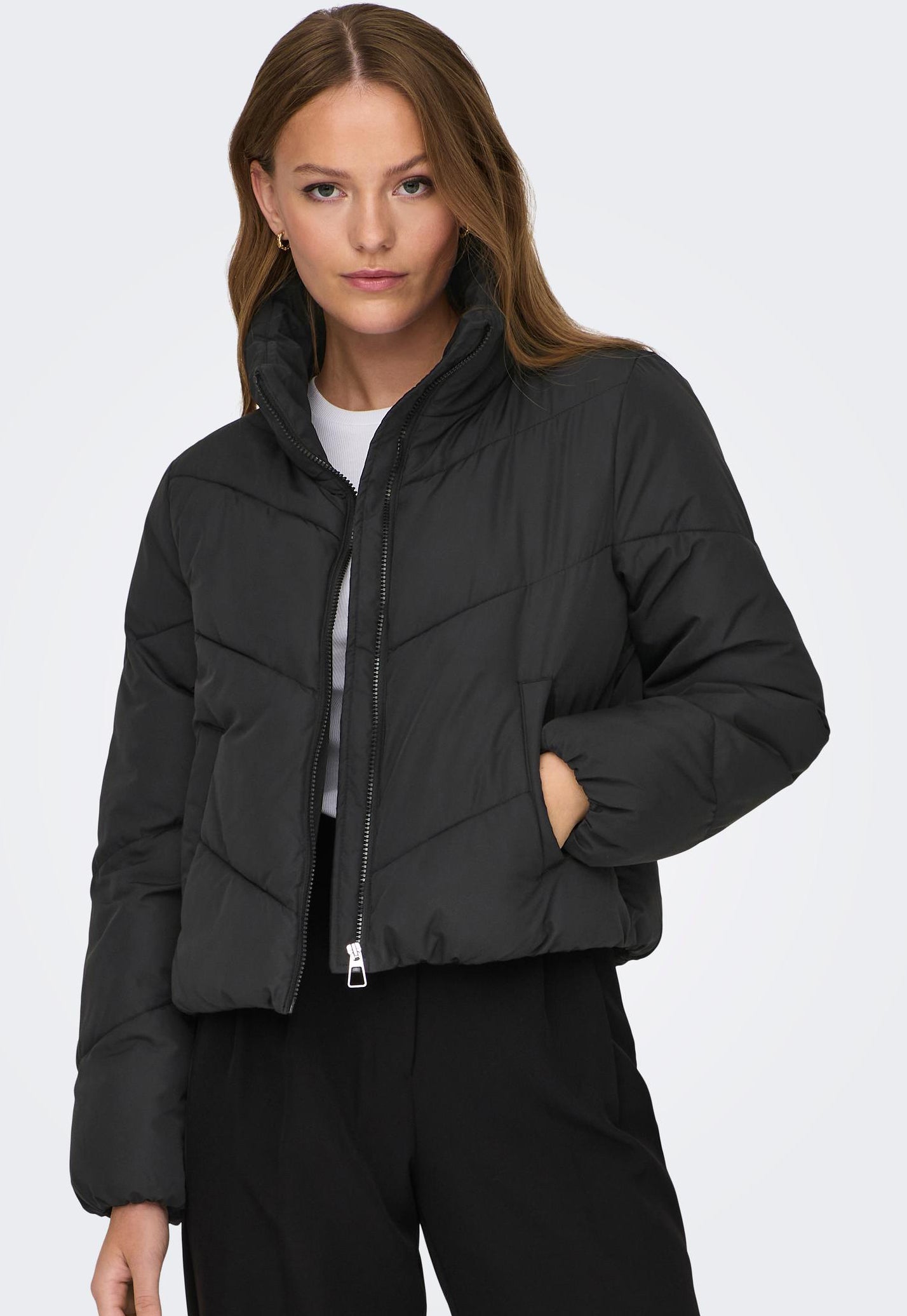 ONLY Maggi Short Chevron Padded Puffer Jacket in Black - One Nation Clothing