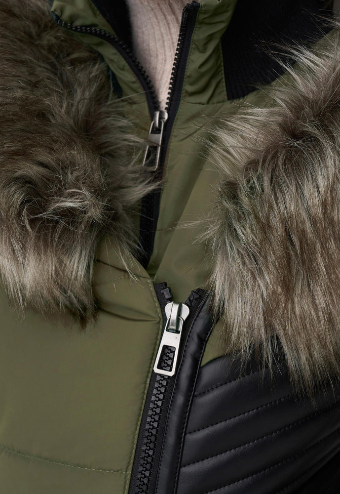 ONLY Litta Biker Detail Coat with Leather Detail & Fur Trim in Khaki & Black - One Nation Clothing