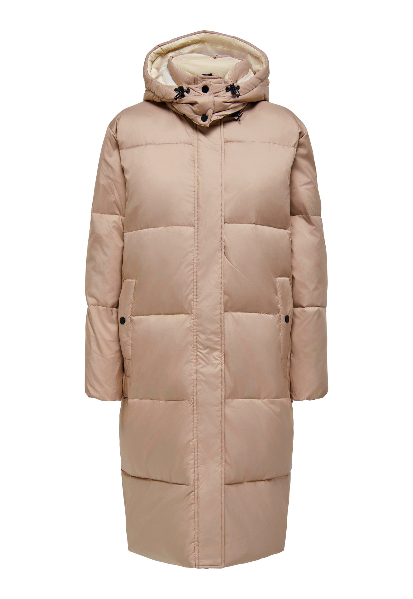 ONLY Premium Vilma Midi Down Puffer Coat with Hood in Beige - One Nation Clothing