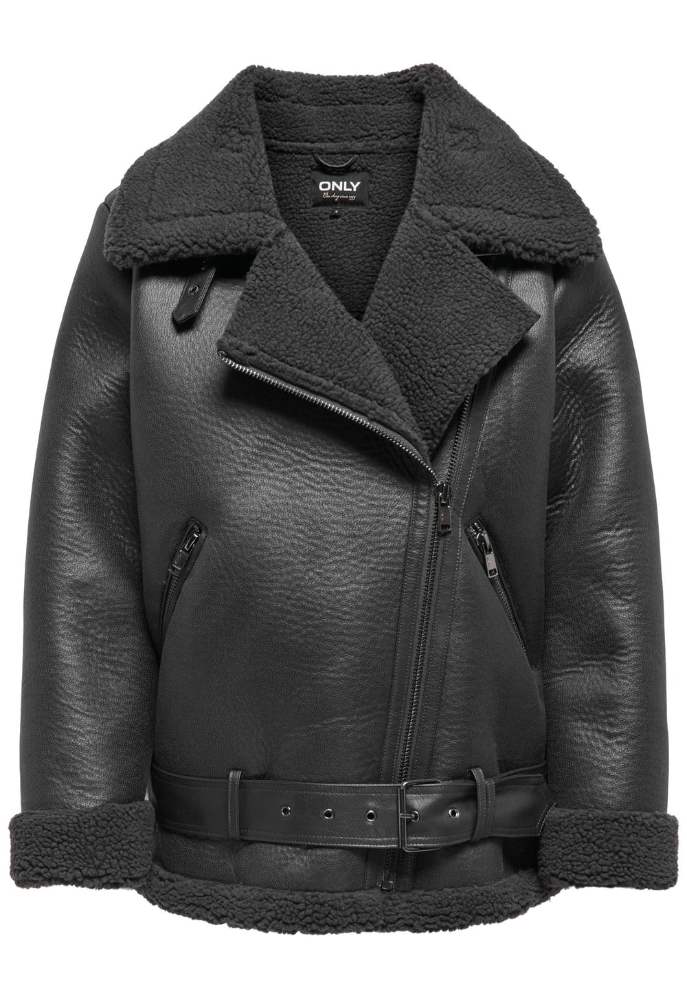 ONLY Lis Faux Leather & Shearling Aviator Jacket in Washed Black - One Nation Clothing