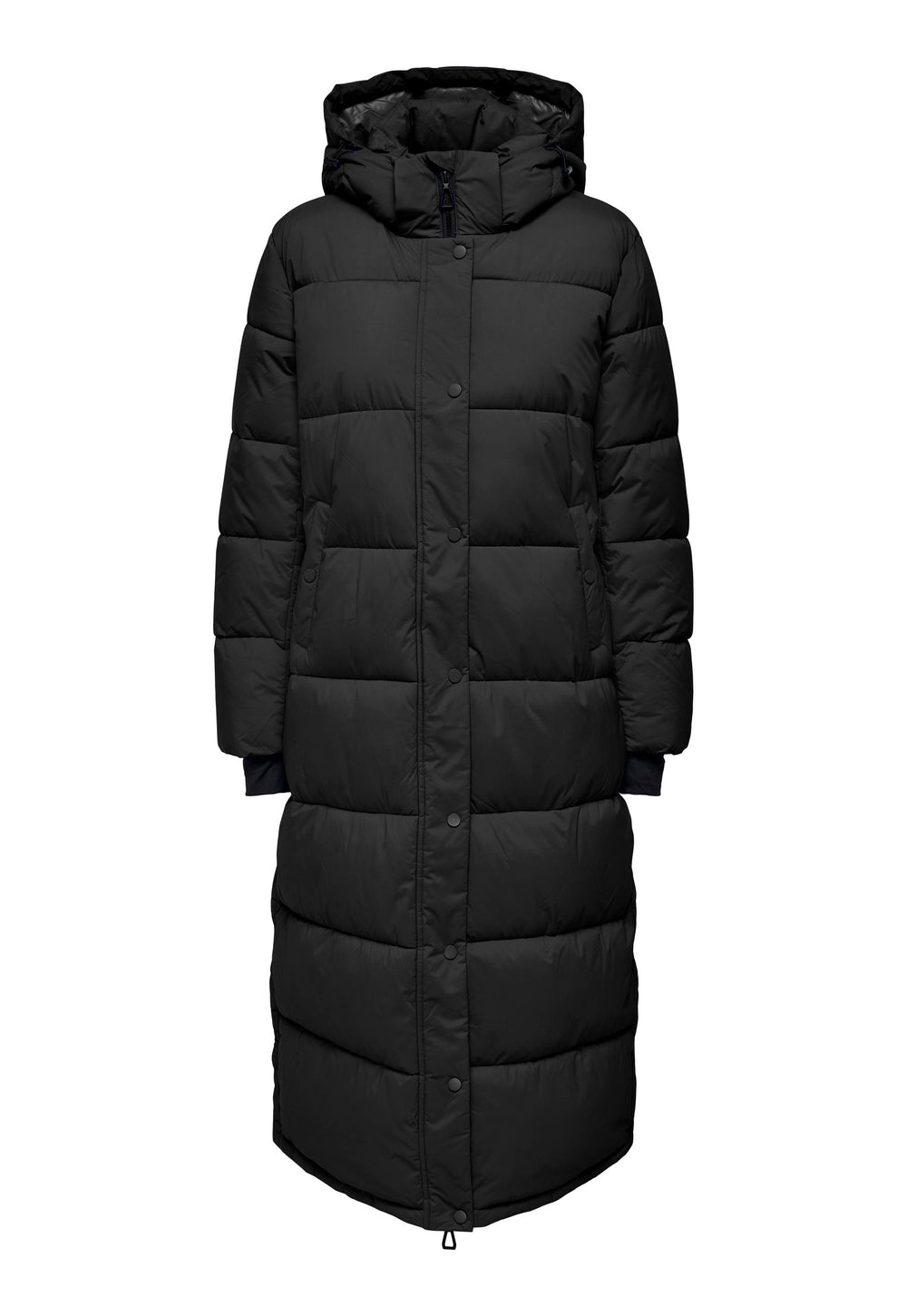 Only longline padded hooded coat in black