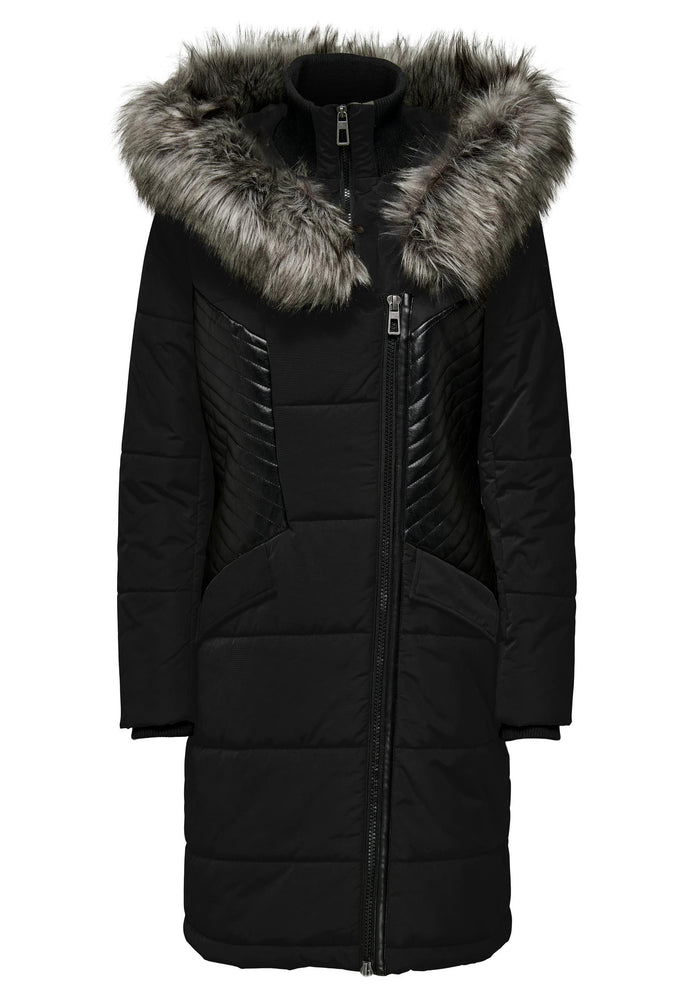 
                  
                    ONLY Litta Biker Detail Coat with Leather Detail & Fur Trim in Black & Grey - One Nation Clothing
                  
                