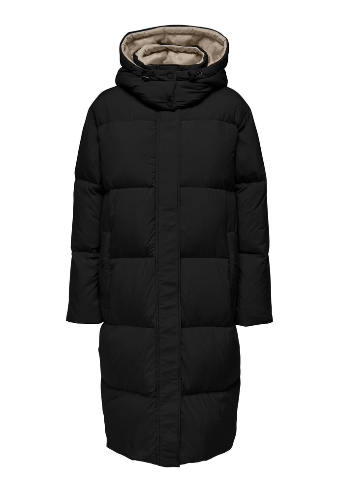 ONLY Premium Vilma Midi Down Puffer Coat with Hood in Black - One Nation Clothing