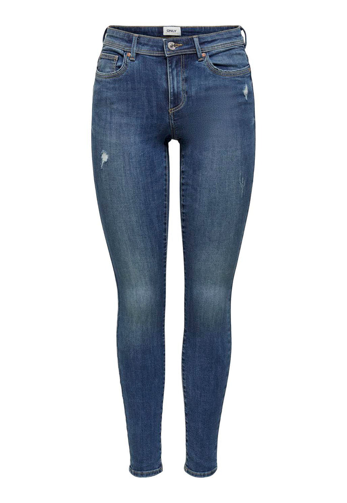ONLY Wauw Mid Rise Skinny Jeans with Small Rip in Mid Blue - One Nation Clothing