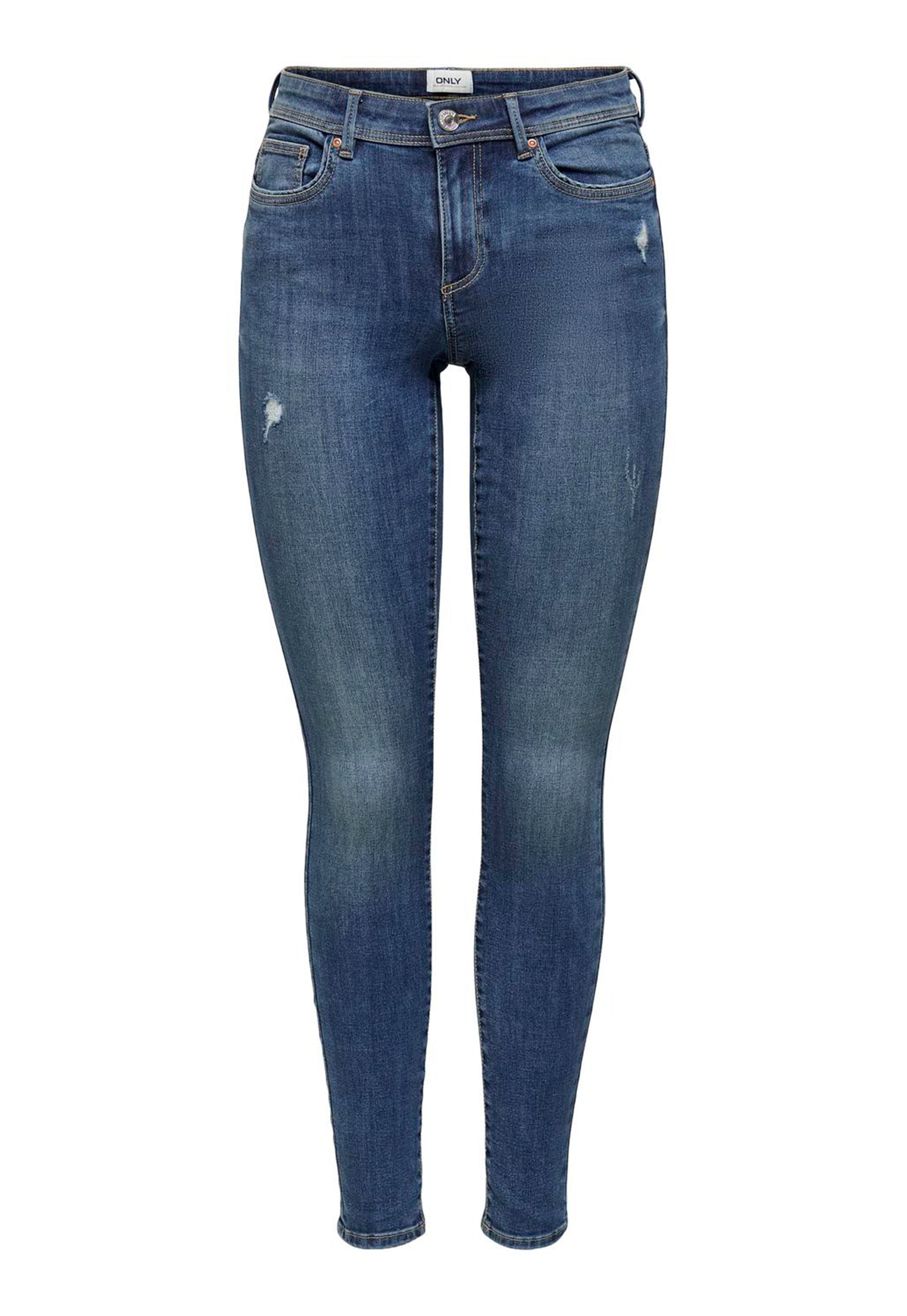 NUR Wauw Mid Rise Skinny Jeans mit kleinem Riss in Mittelblau – One Nation Clothing
