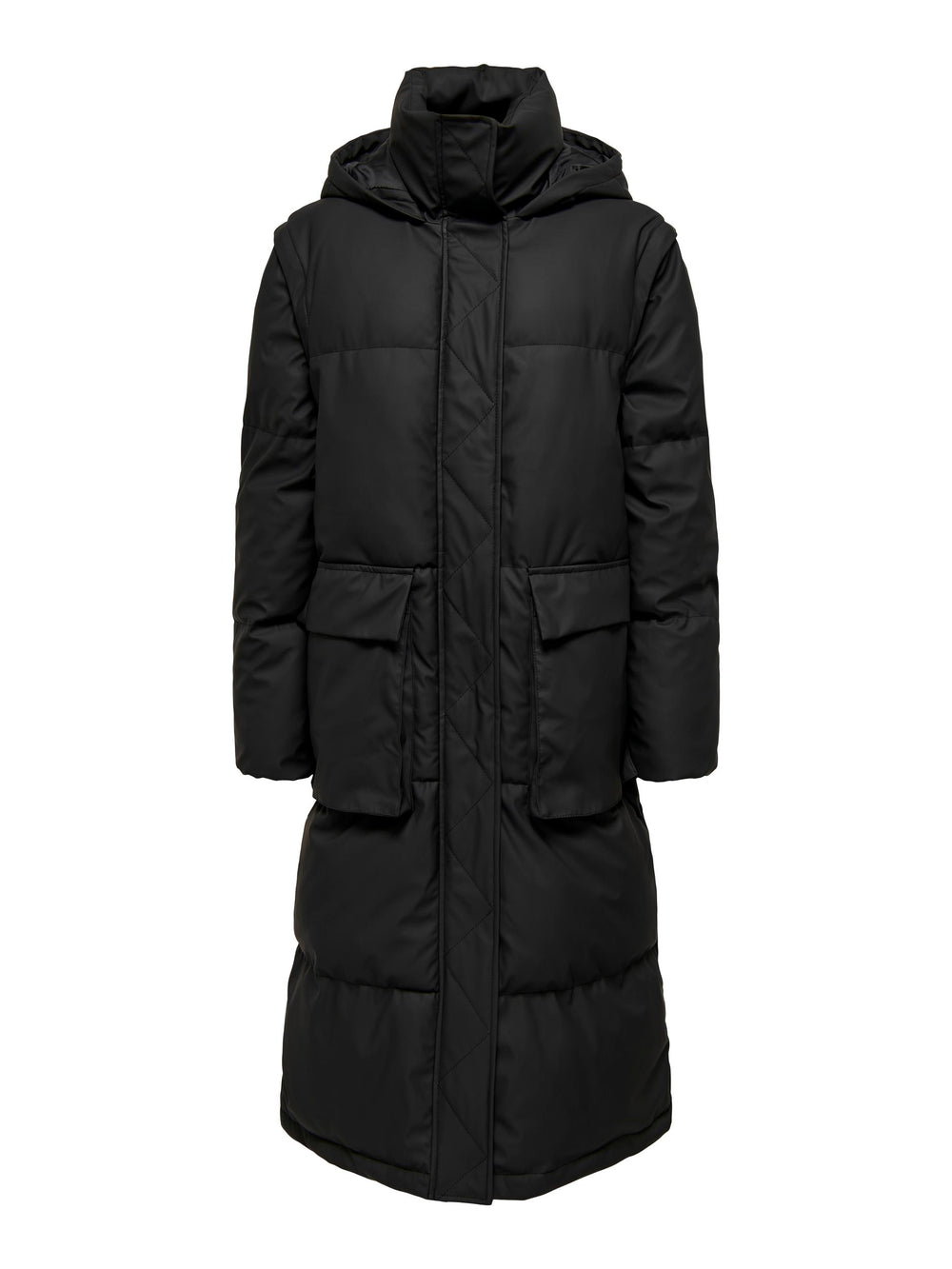 Diskurs destillation Hold sammen med ONLY Sally 2 in 1 Water Repellent Quilted Long Hooded Puffer Coat & Gilet  in Black | One Nation Clothing ONLY Sally 2 in 1 Water Repellent Quilted  Long Hooded Puffer Coat