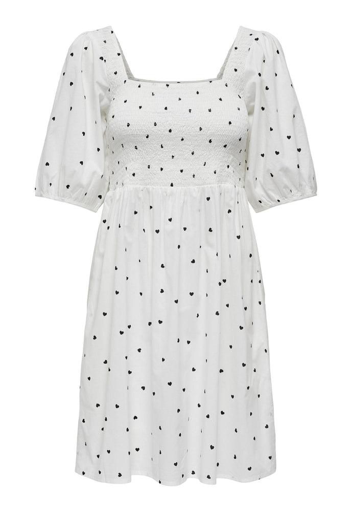 
                  
                    ONLY Brooklyn Heart Print Shirred Top Cotton Mini Dress in White & Black - One Nation Clothing
                  
                