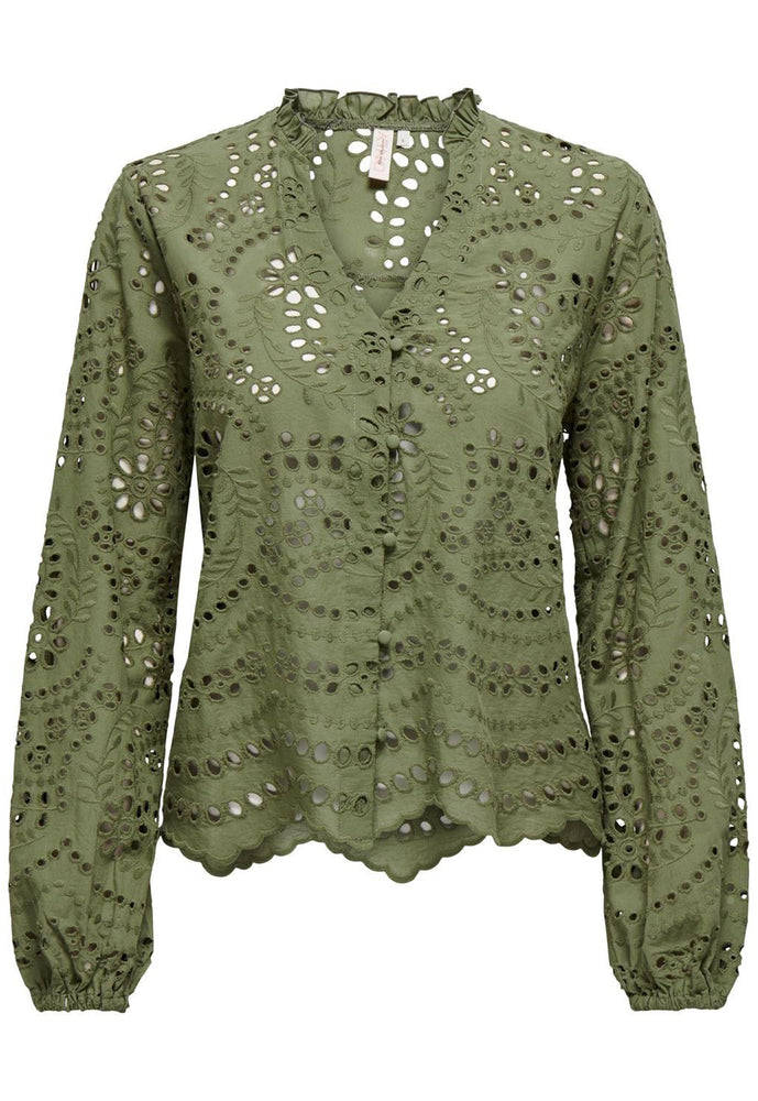 ONLY Lalisa Broderie Anglaise Lace Long Sleeve Blouse Shirt in Olive Green - One Nation Clothing