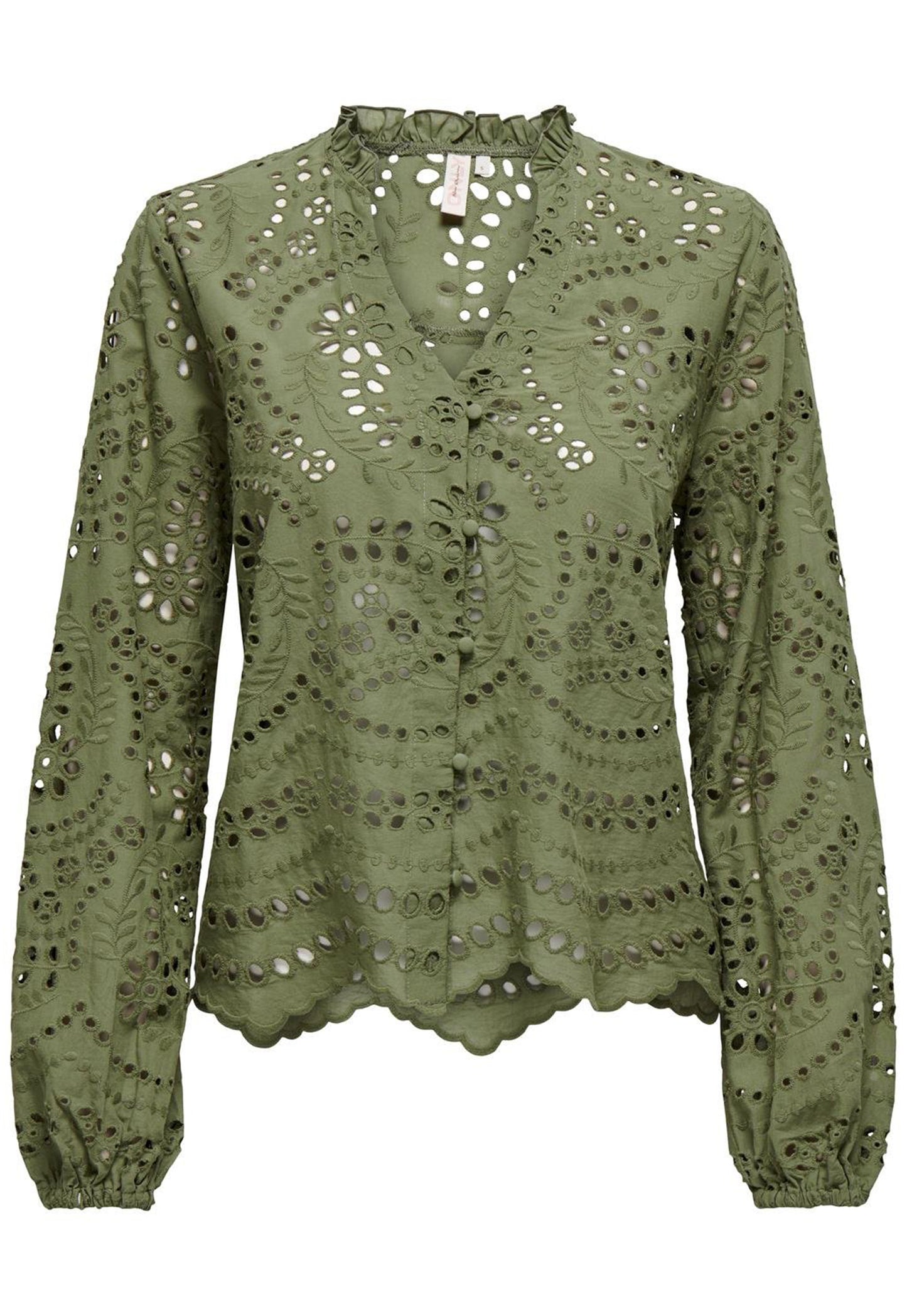 
                  
                    KUN Lalisa Broderie Anglaise Langærmet bluseskjorte med blonder i olivengrøn - One Nation Clothing
                  
                