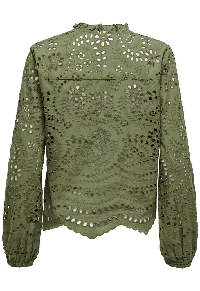 ONLY Lalisa Broderie Anglaise Lace Long Sleeve Blouse Shirt in Olive Green - One Nation Clothing