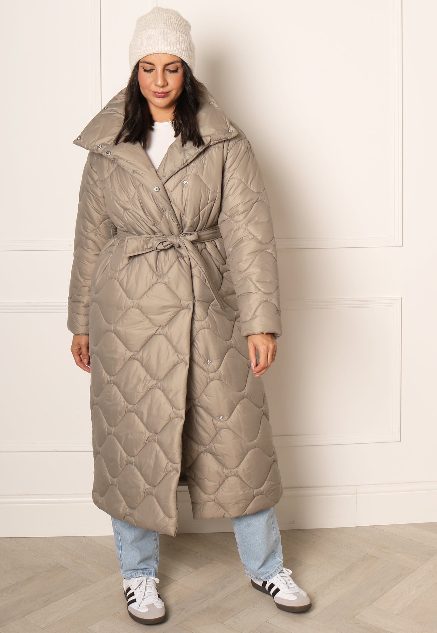 VERO MODA Astoria Onion Quilted Midi Jacket with High Neck & Belt in Soft Khaki - One Nation Clothing