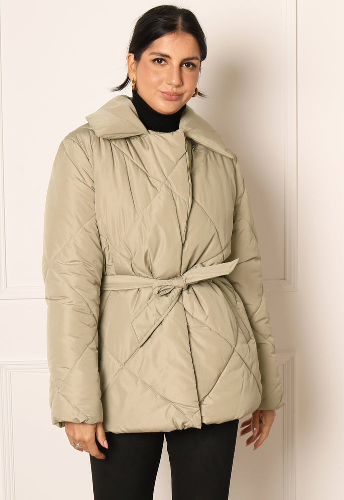 ONLY Sussi Diamond Quilted Jacket with Belt in Soft Khaki - One Nation Clothing