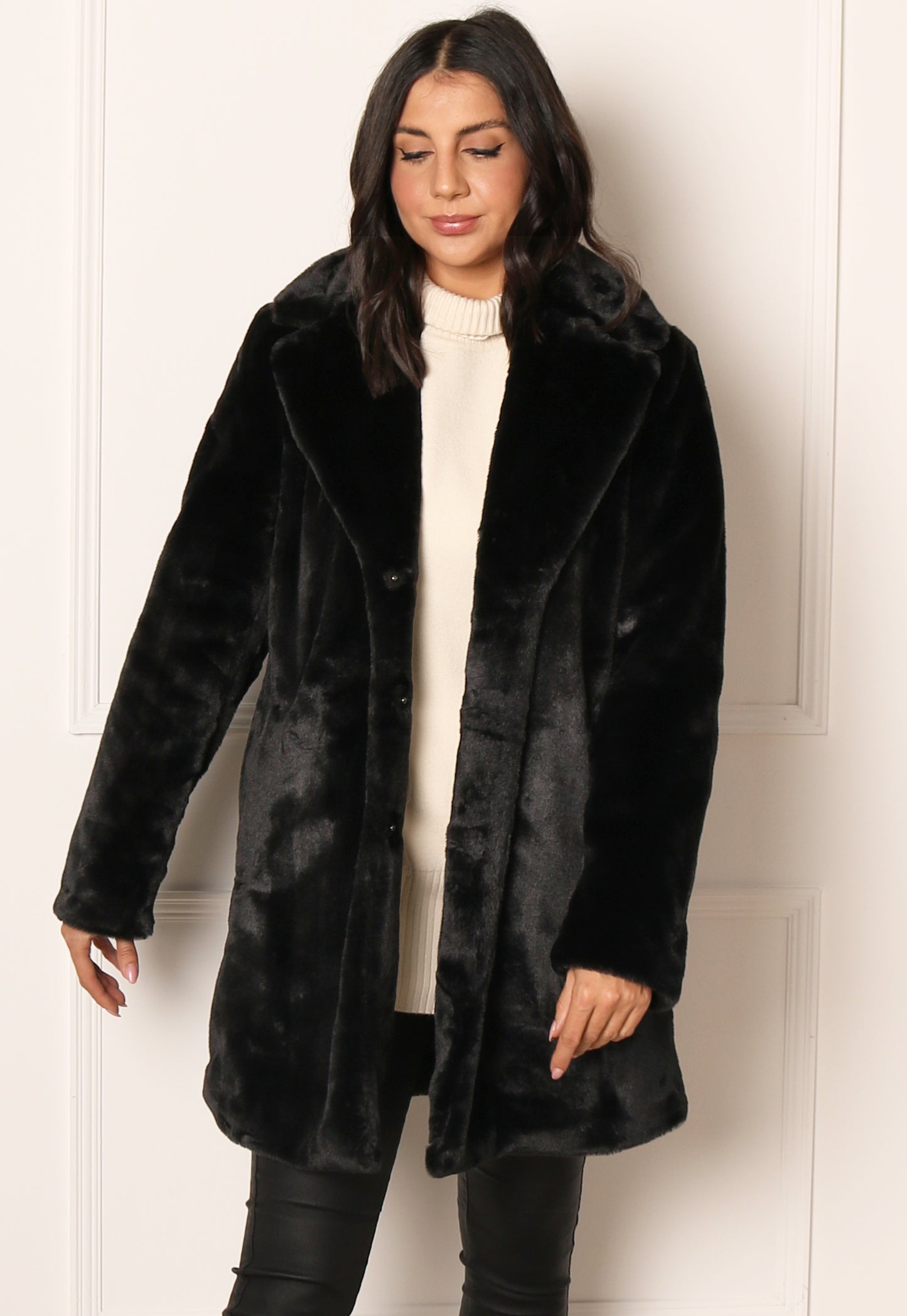 VILA New Ebba Vintage Style Faux Fur Midi Coat with Collar in Black - One Nation Clothing