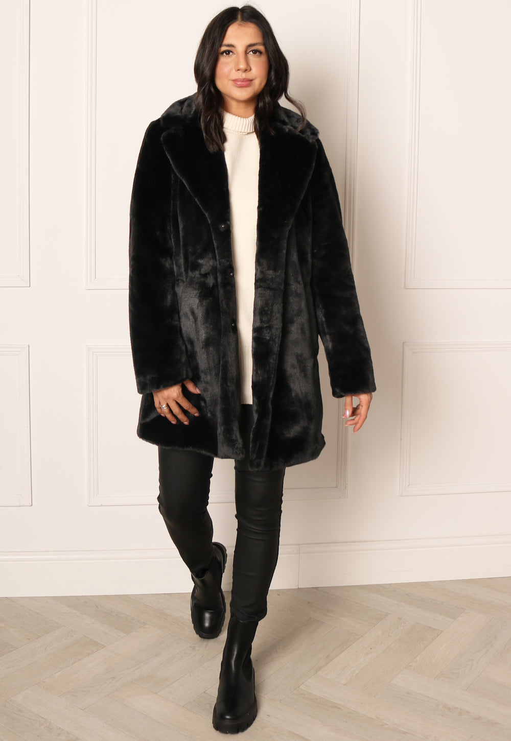 VILA New Ebba Vintage Style Faux Fur Midi Coat with Collar in Black - One Nation Clothing