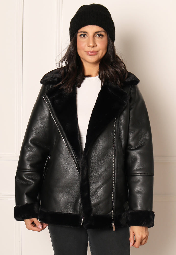 VERO MODA Emmy Oversized Faux Leather & Fur Aviator Jacket in Black - One Nation Clothing