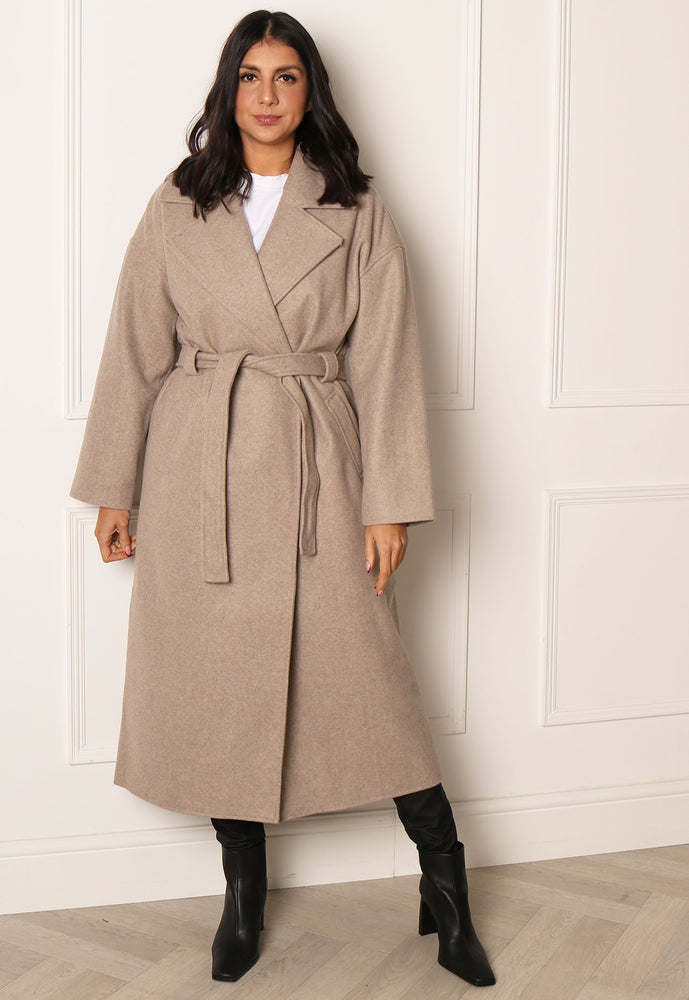 ONLY Ingrid Smart Double Breasted Longline Wool Trench Coat with Belt in Beige - One Nation Clothing