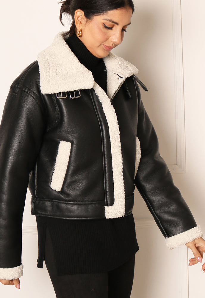 PIECES Janelle Faux Leather & Shearling Aviator Coat in Black & Cream - One Nation Clothing