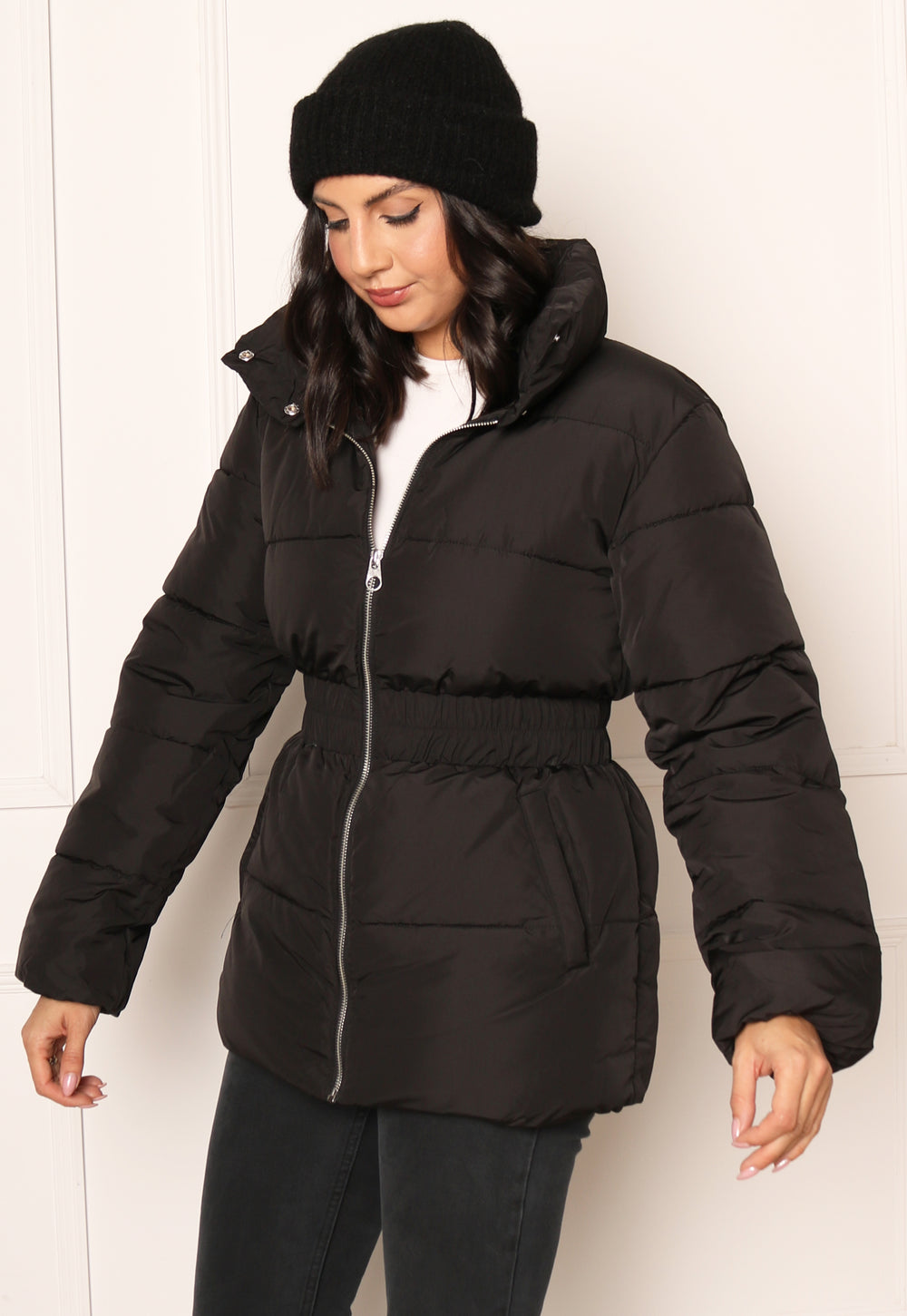 JDY Imagine Longline Hooded Puffer Jacket with Elasticated Waist in Black - One Nation Clothing