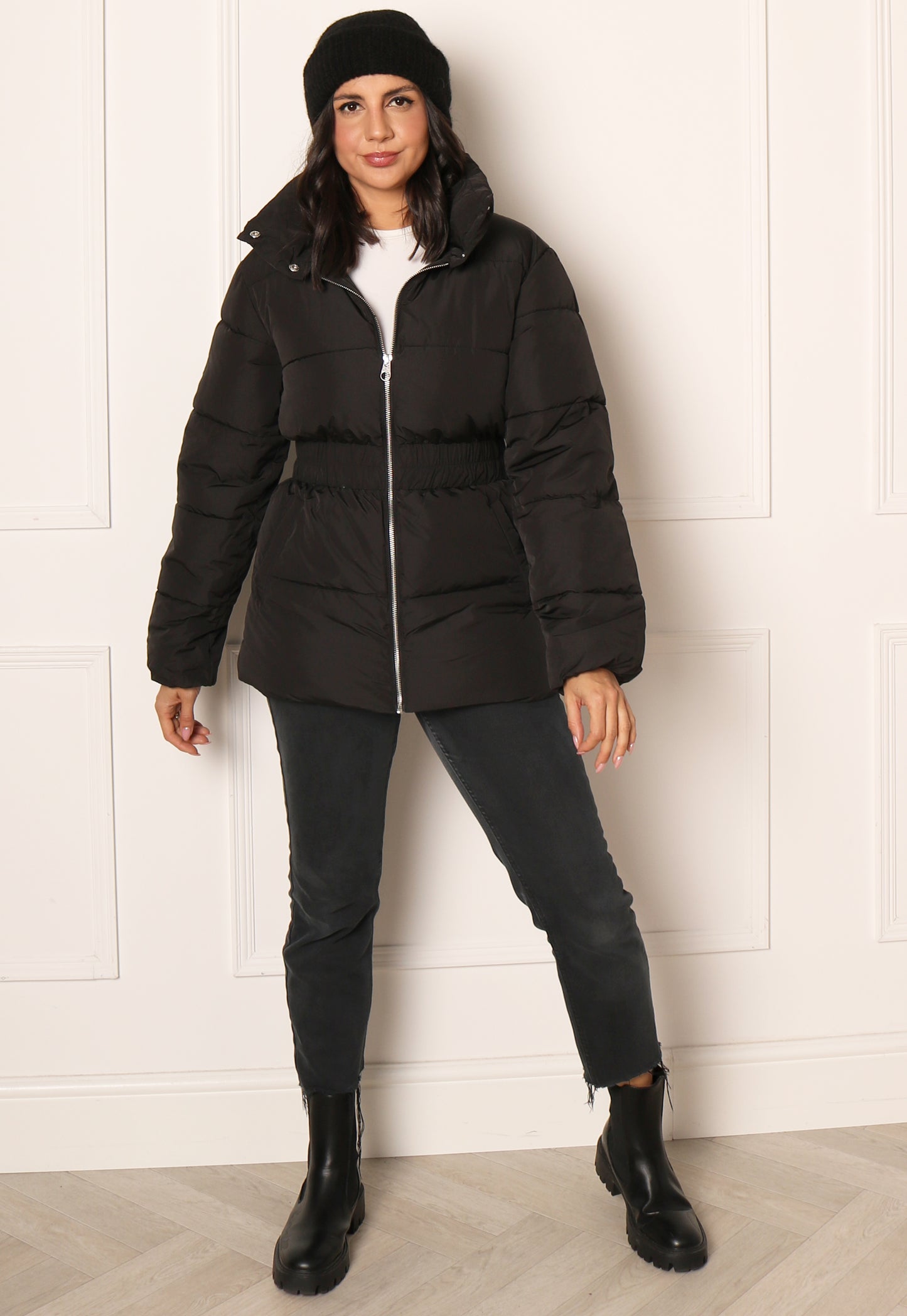 JDY Imagine Longline Hooded Puffer Jacket with Elasticated Waist in Black - One Nation Clothing