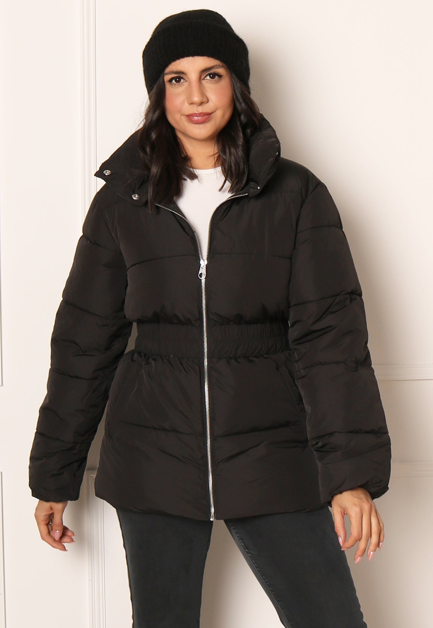 
                  
                    JDY Imagine Longline Hooded Puffer Jacket with Elasticated Waist in Black - One Nation Clothing
                  
                