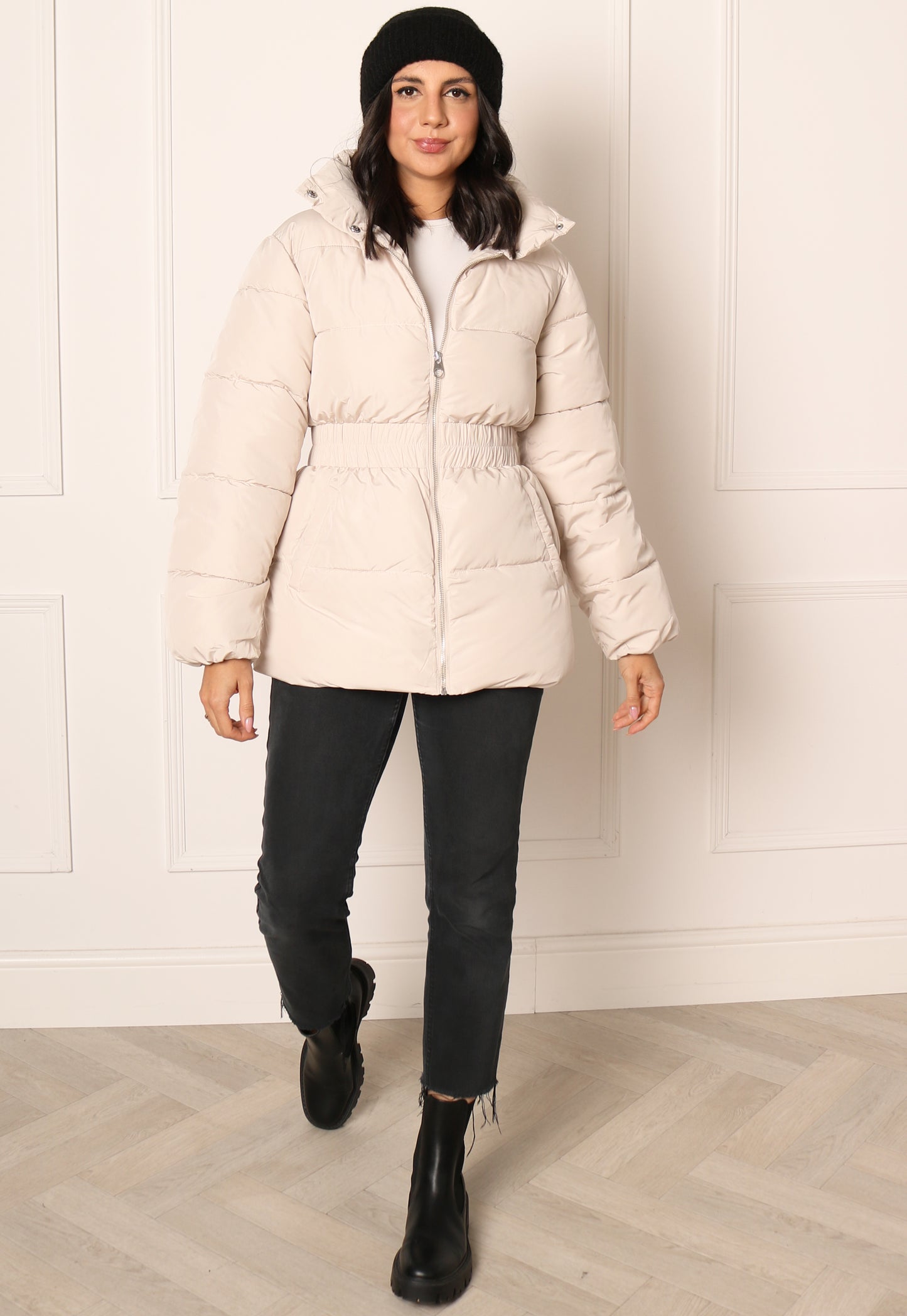 JDY Imagine Longline Hooded Puffer Jacket with Elasticated Waist in Cream - One Nation Clothing