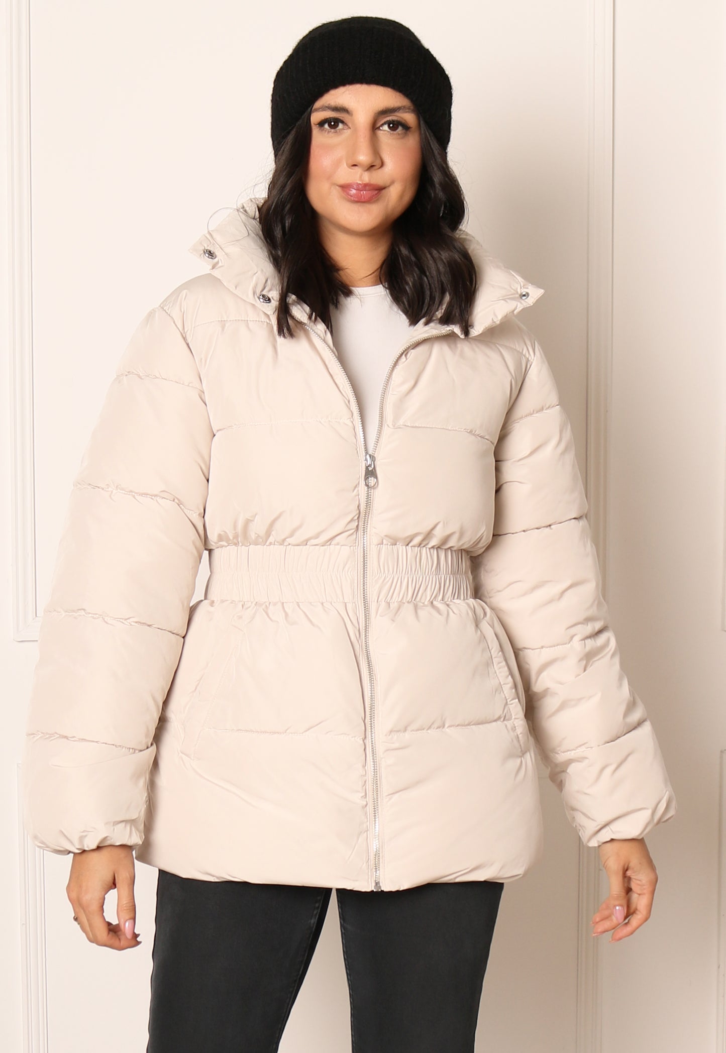 
                  
                    JDY Imagine Longline Hooded Puffer Jacket with Elasticated Waist in Cream - One Nation Clothing
                  
                