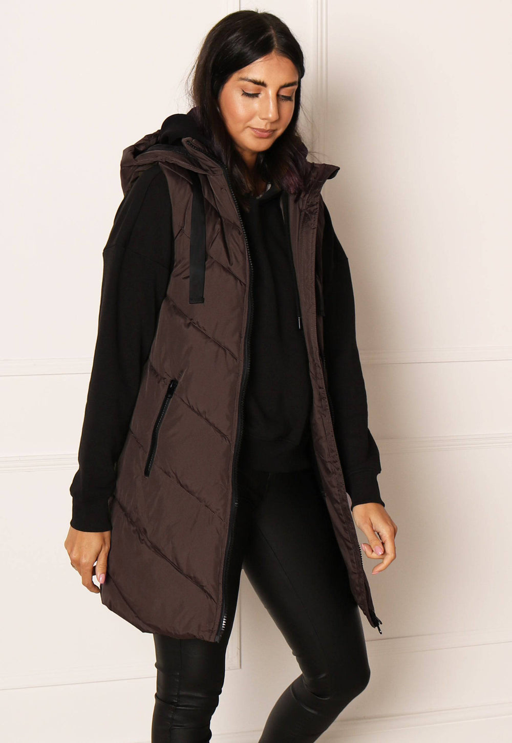 JDY Skylar Chevron Quilted Puffer Gilet with Hood in Chocolate Brown - One Nation Clothing