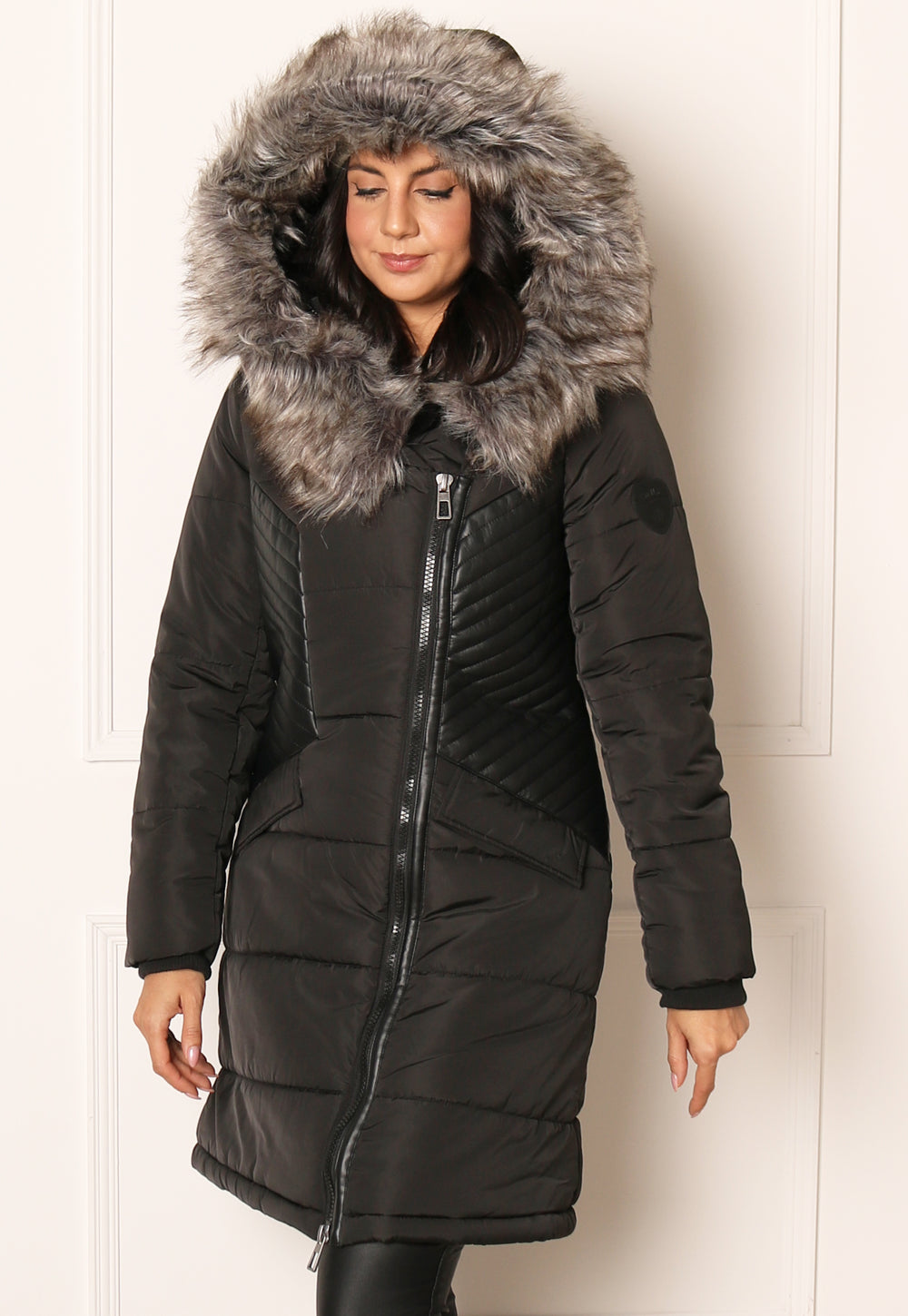 ONLY Litta Longline Biker Detail Coat with Leather Detail & Fur Trim in Black & Grey - One Nation Clothing