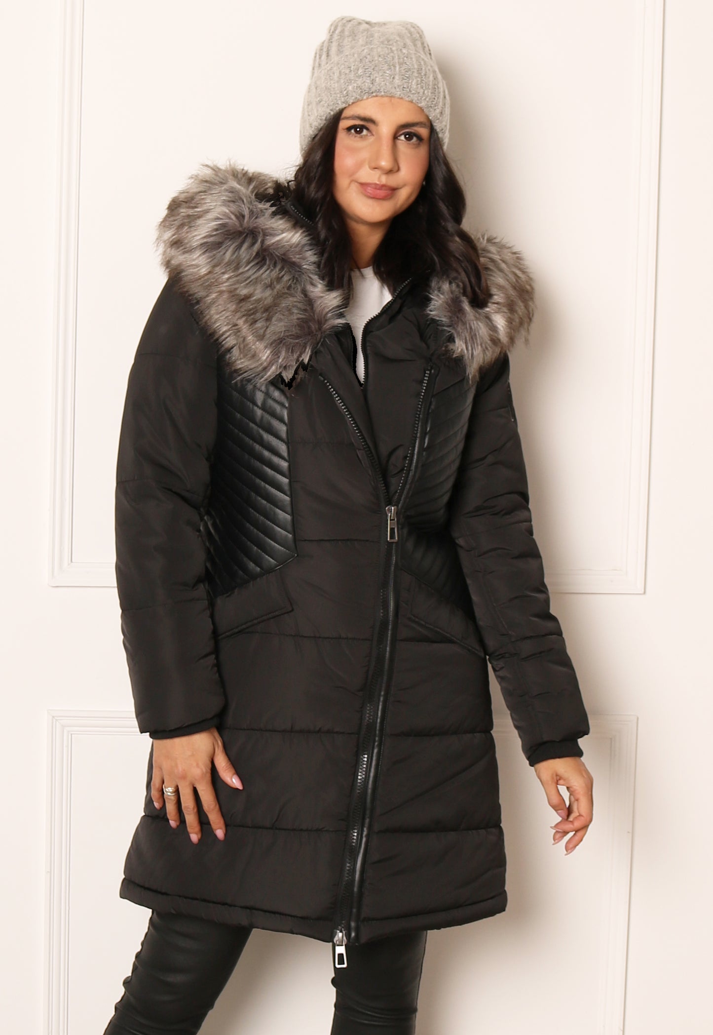 
                  
                    ONLY Litta Longline Biker Detail Coat with Leather Detail & Fur Trim in Black & Grey - One Nation Clothing
                  
                
