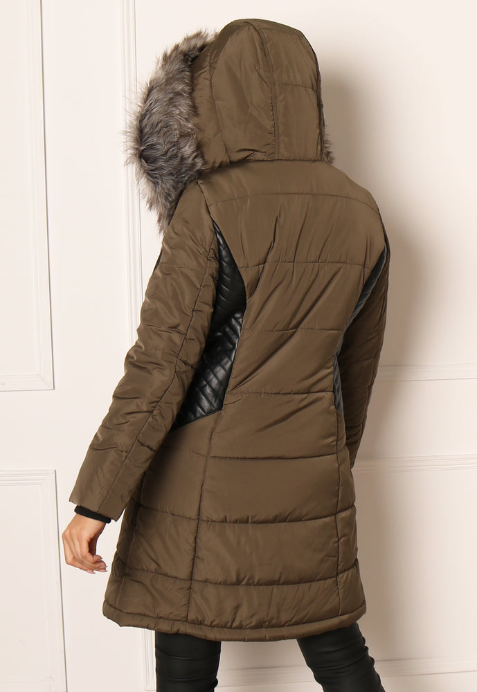 
                  
                    ONLY Litta Longline Biker Detail Coat with Leather Detail & Fur Trim in Khaki & Black - One Nation Clothing
                  
                