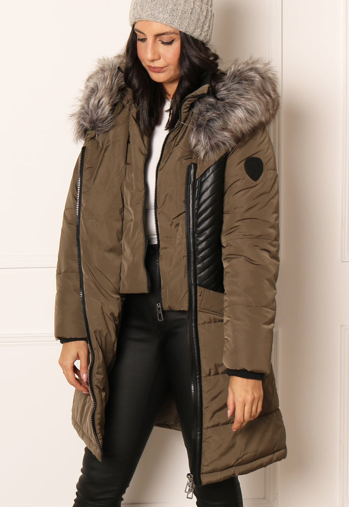 
                  
                    ONLY Litta Longline Biker Detail Coat with Leather Detail & Fur Trim in Khaki & Black - One Nation Clothing
                  
                
